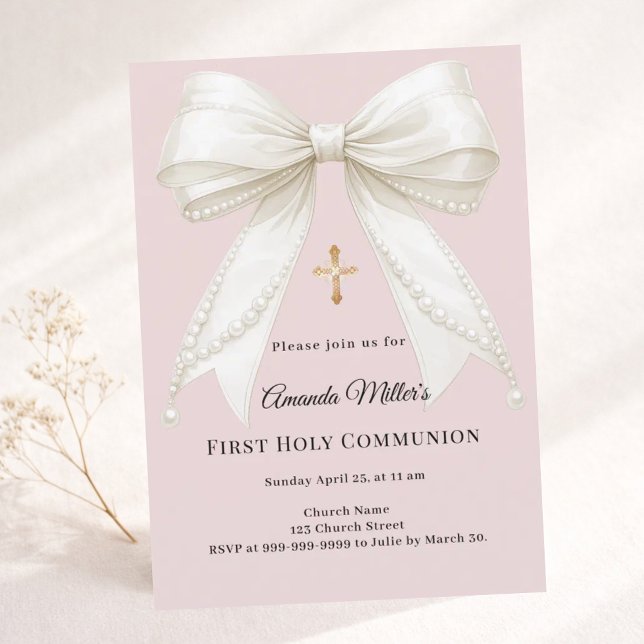 Bow dusty blush pink ivory pearls First Communion Invitation (Creator Uploaded)