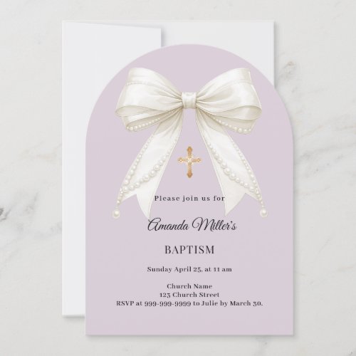 Bow dusty lavender ivory pearls arch Baptism Invitation