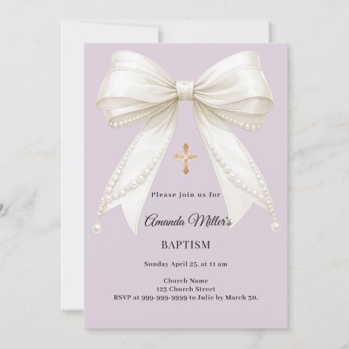 Bow dusty lavender ivory pearls Baptism Invitation
