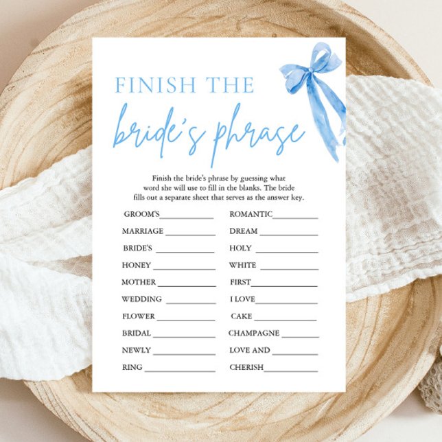 Bow Finish the Bride's Phrase Bridal Shower Game Invitation (Modern Watercolor Dusty Blue Bow Finish the Bride's Phrase Bridal Shower Game)