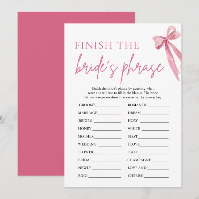 Bow Finish the Bride's Phrase Bridal Shower Game Invitation (Front/Back)