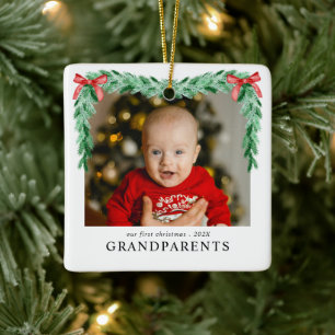 Bow First Christmas Grandparents Newborn Photo Ceramic Ornament