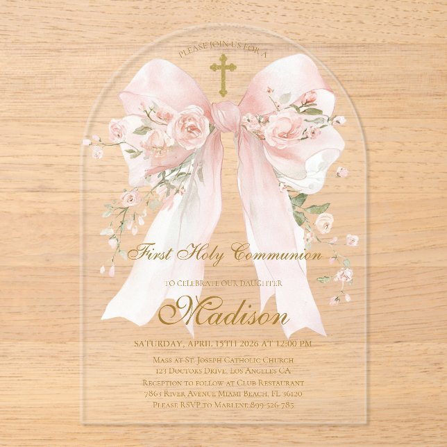 Bow First Holy Communion Girl - Boho Arch Acrylic Invitations (Front)