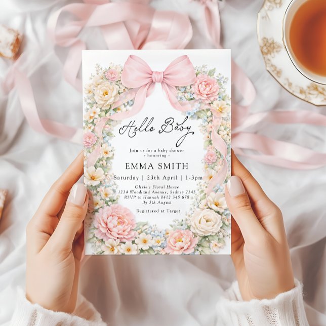 Bow Floral Blush Pink Coquette Girl Baby Shower Invitation (Creator Uploaded)
