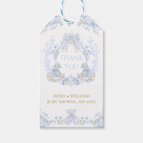 Bow Floral Crest Rustic Blue Boy Baby Shower Gift Tags