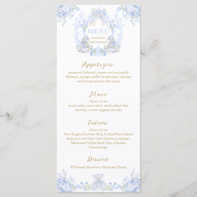 Bow Floral Crest Rustic Elegant Blue Baby Boy Show Menu (Front)
