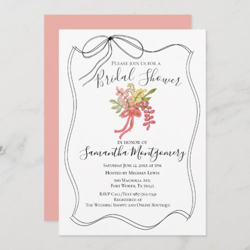 Bow Floral Fancy Hand Drawn Pink Bridal Shower Invitation