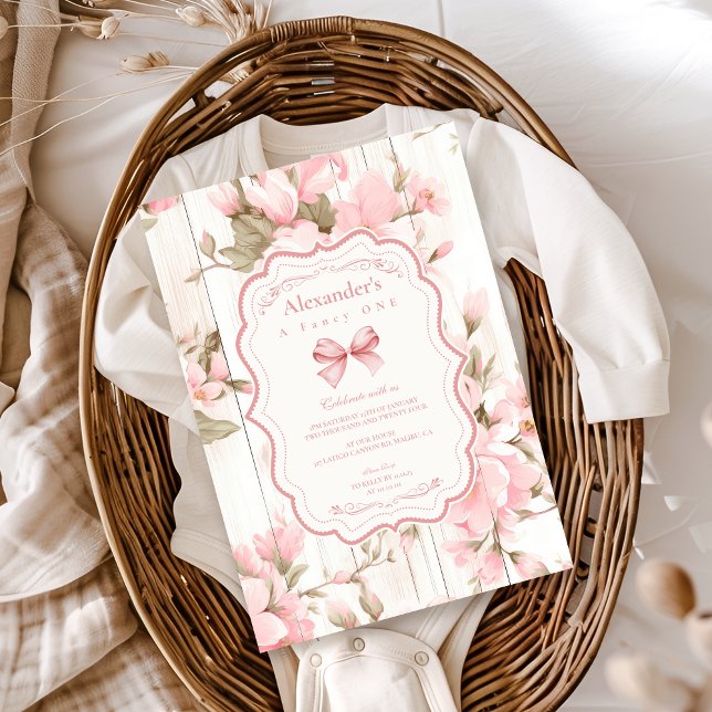  Bow Floral Fancy ONE Girl 1st Birthday  Invitation (Creator Uploaded)