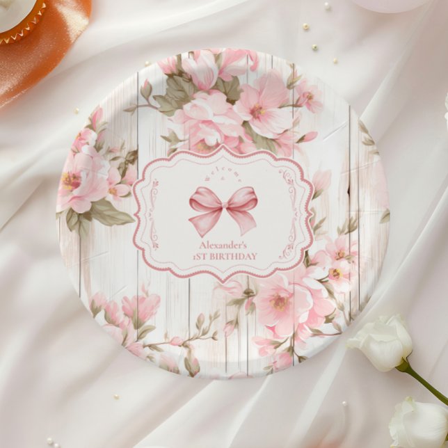  Bow Floral Fancy ONE Girl 1st Birthday  Paper Plates (Creator Uploaded)