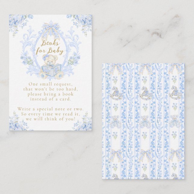 Bow Floral Teddy Bear Toile Boy Baby Shower Book Enclosure Card (Front/Back)