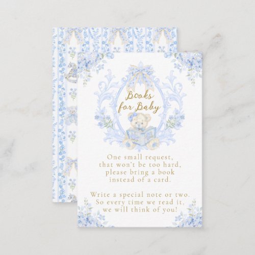 Bow Floral Teddy Bear Toile Boy Baby Shower Book Enclosure Card