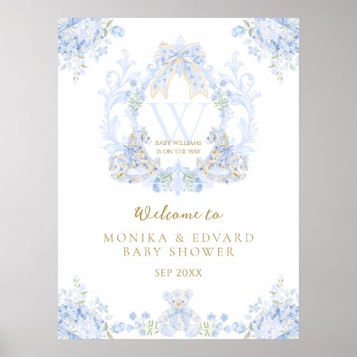 Bow Floral Watercolour Elegant Boy Baby Shower  Poster