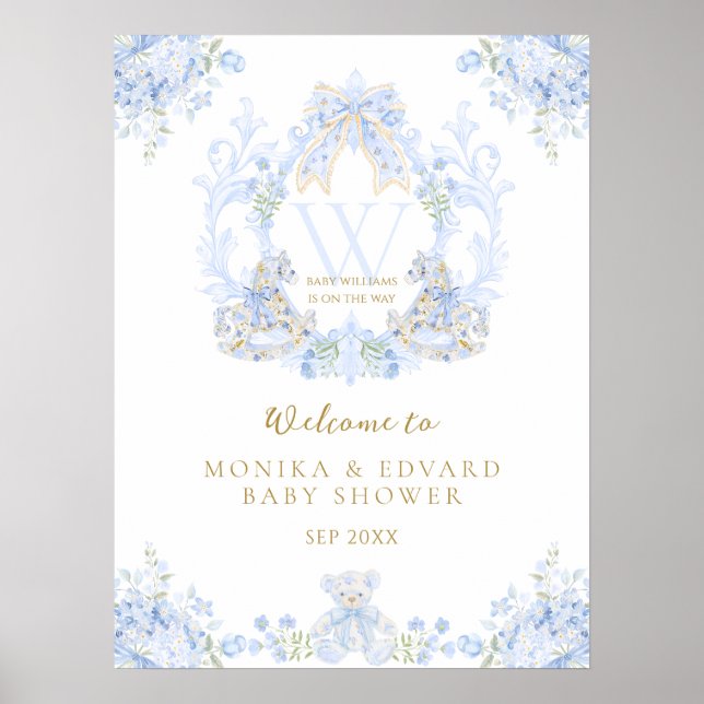Bow Floral Watercolour Elegant Boy Baby Shower  Poster (Front)