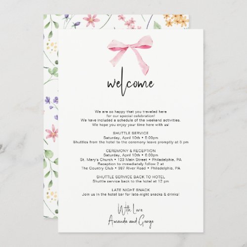 Bow floral Wedding Welcome Bag Letter Itinerary Holiday Card