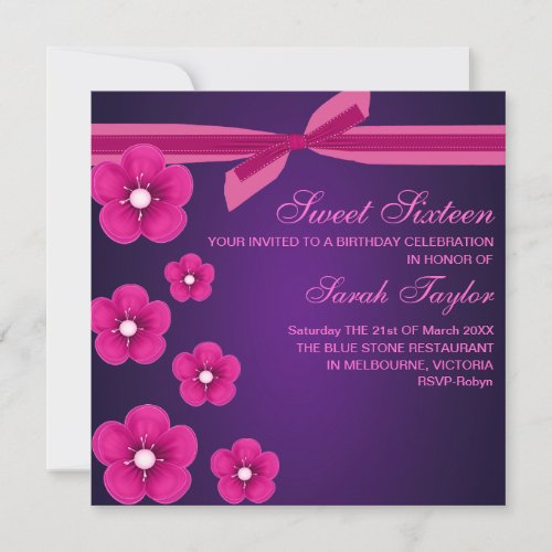 BowFlower Sweet Sixteen PurpleBirthday Invitation