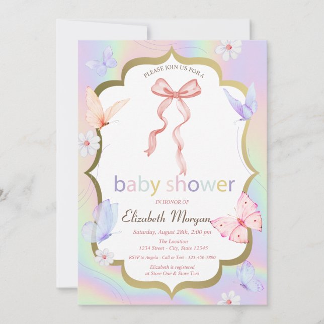 Bow Flowers Butterflies Holographic Baby Shower  Invitation (Front)