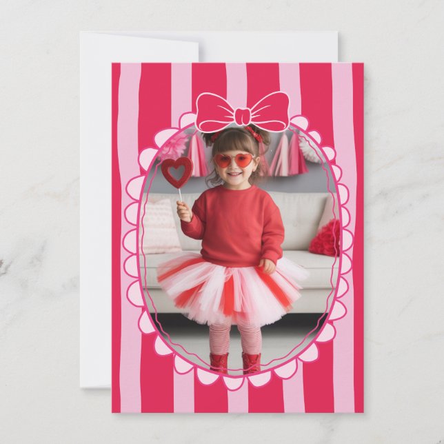 Bow Frame Kid Photo Valentine Card, Child School Note Card (Front)