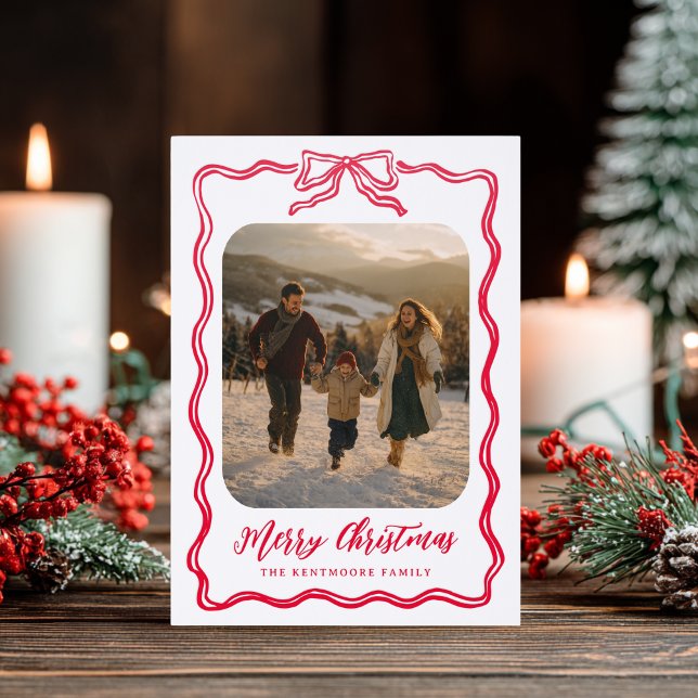 Bow Frame Merry Christmas Red One Photo Holiday Letterpress Photo Cards (Creator Uploaded)