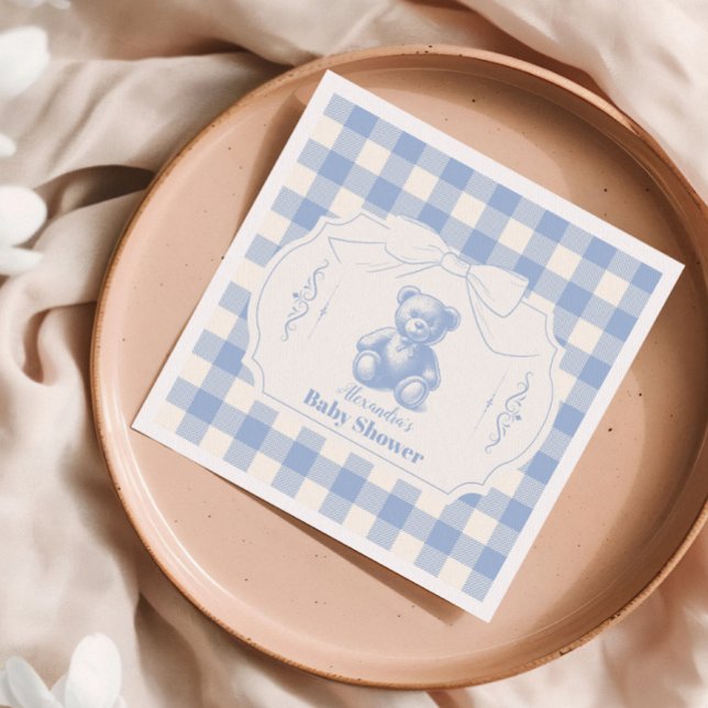 Bow Gingham French Teddy Bear Baby Shower Napkins (Creator Uploaded)