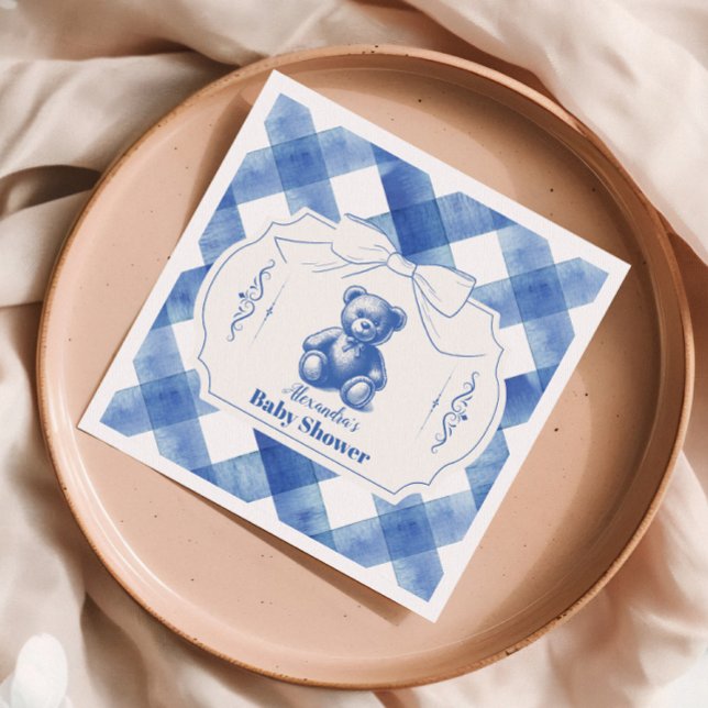Bow Gingham French Teddy Bear Baby Shower Napkins (Creator Uploaded)