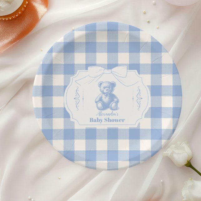 Bow Gingham French Teddy Bear Baby Shower Paper Plates (Creator Uploaded)