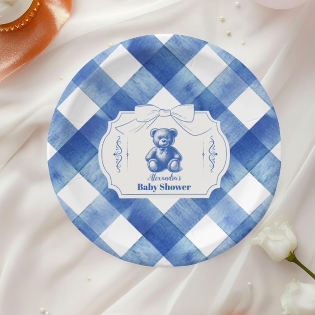 Bow Gingham French Teddy Bear Baby Shower Paper Plates (Creator Uploaded)