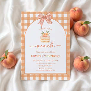 Bow Gingham Peach Girl Birthday Invitation