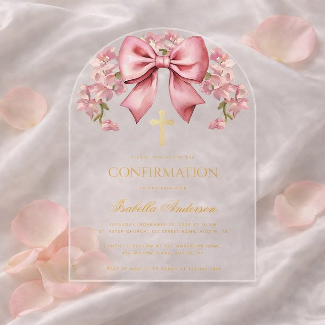 Bow Girl Confirmation Pink Floral Elegant Script Acrylic Invitations (Creator Uploaded)