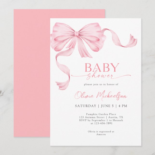 Bow  Girl Pink Ribbon Coquette Elegant Baby Shower Invitation (Front/Back)