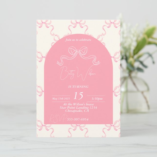 Bow girly invite to birthday  (Standing Front)