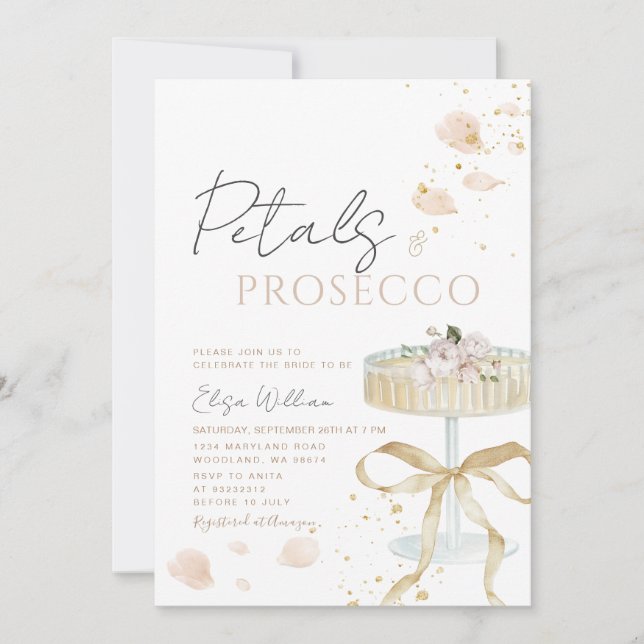 Bow Gold Petals and Prosecco Bridal Shower  Invitation (Front)