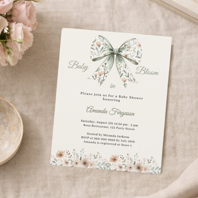 Bow green floral bloom Baby Shower invitation (Creator Uploaded)