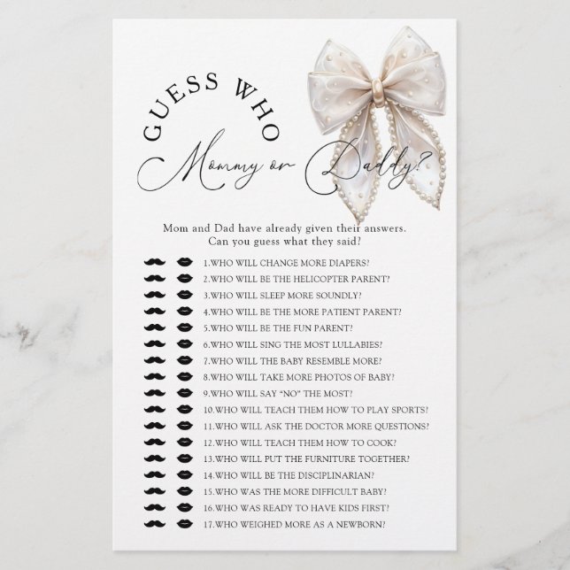 Bow Guess Who Mommy or Daddy Baby Shower Game (Front)