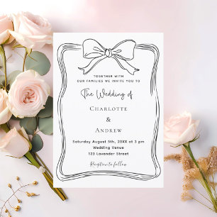 Bow hand drawn black white wedding invitation