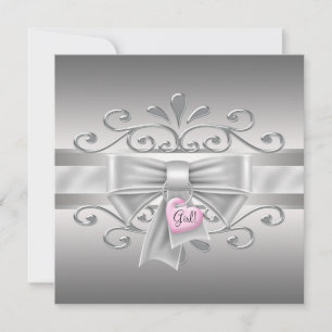 Bow Heart Charm Pink Silver Baby Girl Shower Invitation