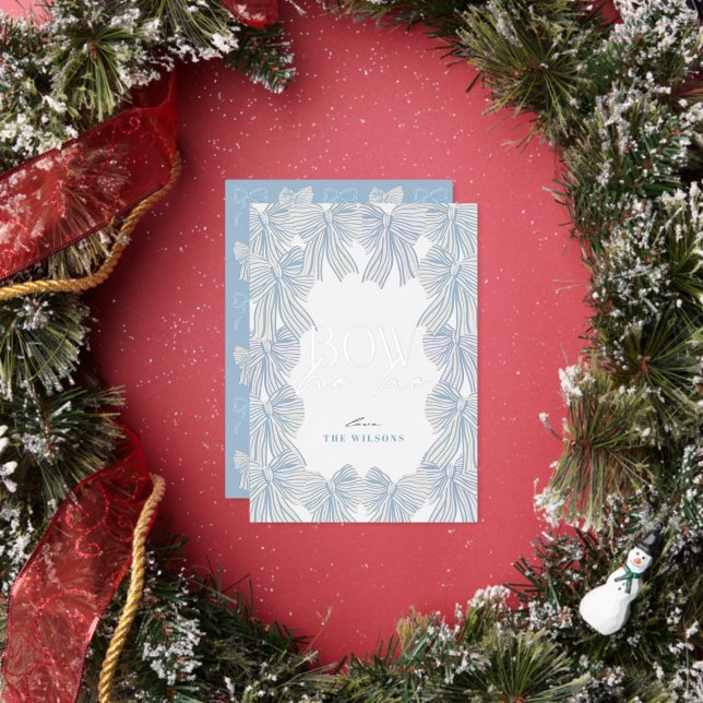 Bow Ho Ho Blue Bows Photo Christmas Foil Holiday Card (Insitu)