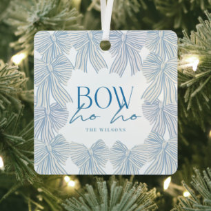 Bow Ho Ho Blue Bows Photo Christmas Holiday Metal Ornament