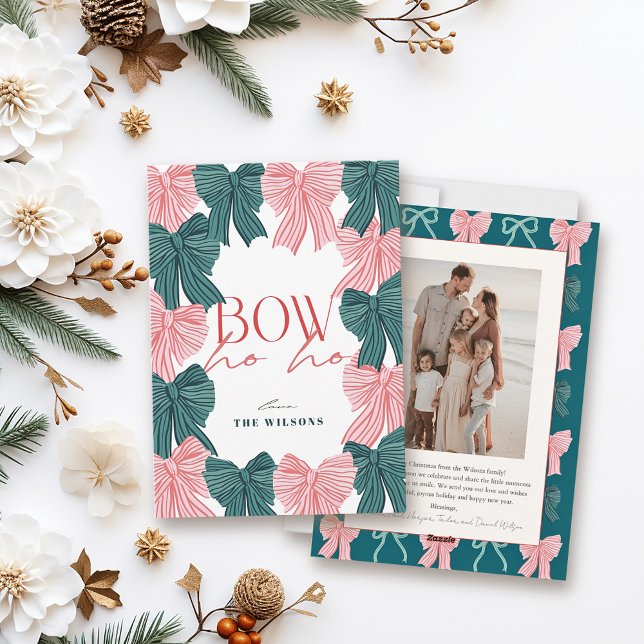 Bow Ho Ho Red & Green Bows Photo Christmas Holiday Card (Creator Uploaded)