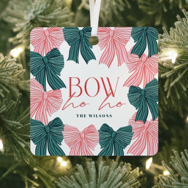 Bow Ho Ho Red Green Bows Photo Christmas Holiday Metal Ornament (Insitu)