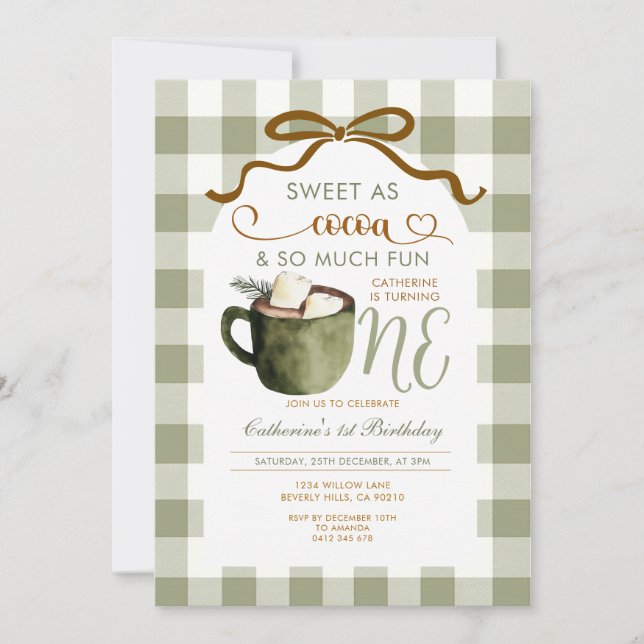 Bow Hot Cocoa 1st birthday Sage Green Gingham Invitation (Front)