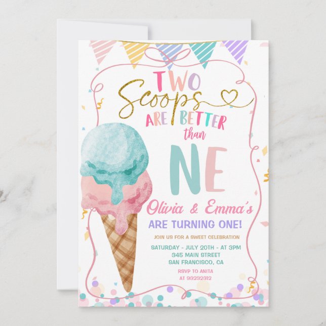 Bow Ice Cream Two Scoops Twin Girls Birthday Party Invitation (Front)