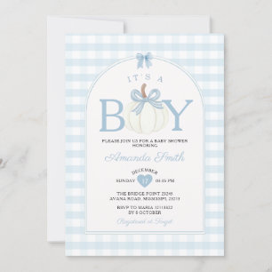 Bow It's A Boy Pumpkin Baby Shower Blue Gingham Invitation