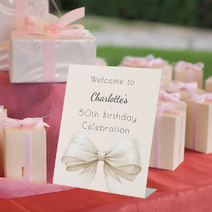 Bow ivory cream birthday party welcome pedestal sign