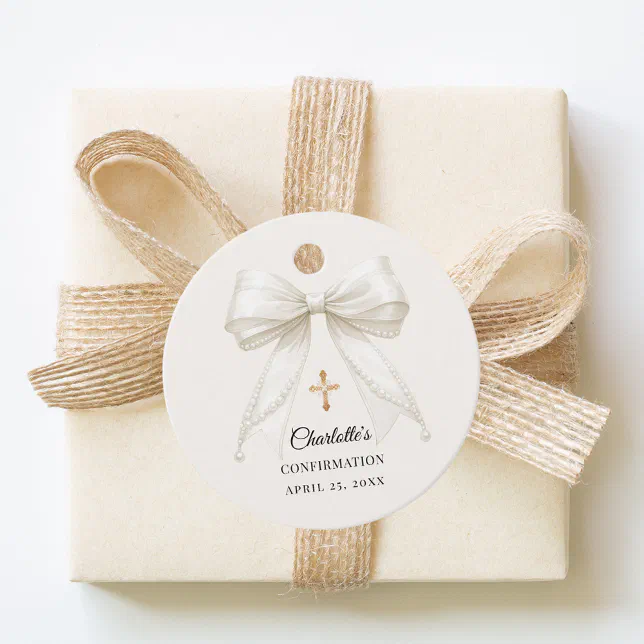 Bow ivory pearls elegant Confirmation DIY Favor Tags | Zazzle