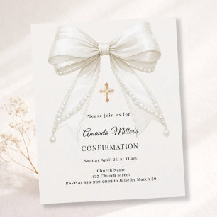 Bow ivory pearls girl Confirmation invitation