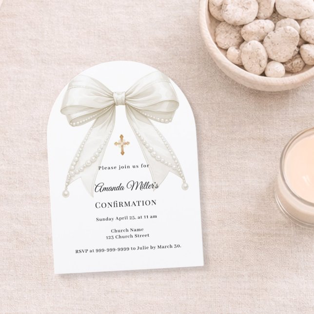Bow ivory pearls girl elegant Confirmation Arch Invitation (Creator Uploaded)