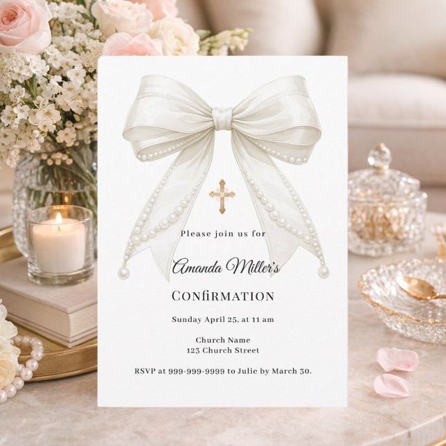 Bow ivory pearls girl elegant Confirmation Invitation (Creator Uploaded)