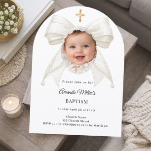 Bow Ivory Pearls Photo Girl Elegant Baptism Arch Invitation