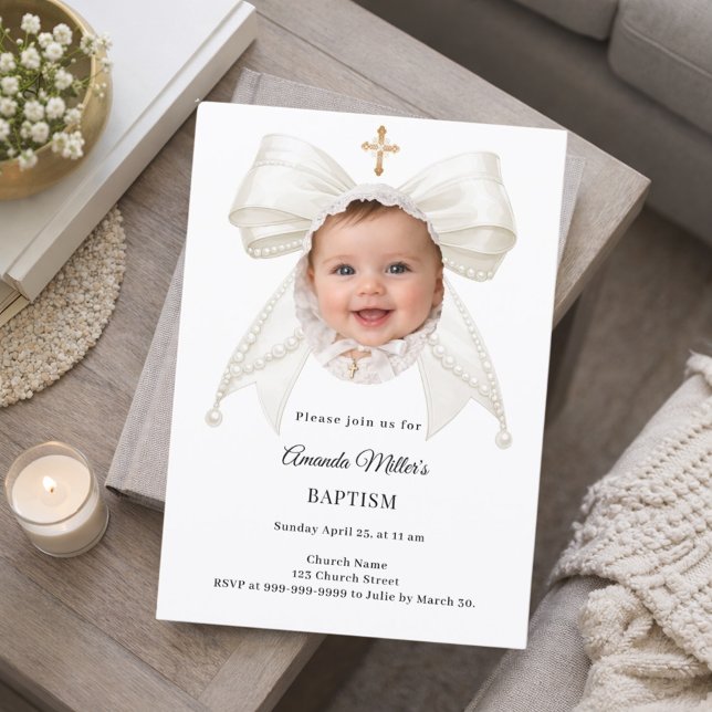 Bow Ivory Pearls Photo Girl Elegant Baptism Invitation (Creator Uploaded)