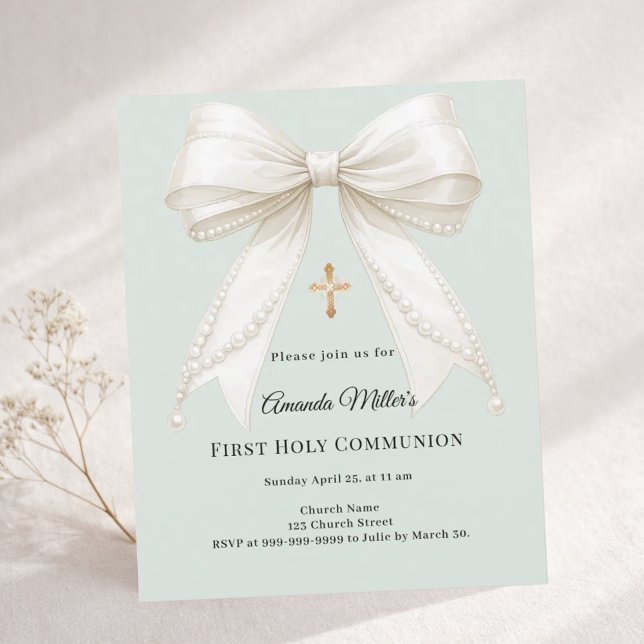 Bow ivory pearls sage First Communion invitation (Creator Uploaded)